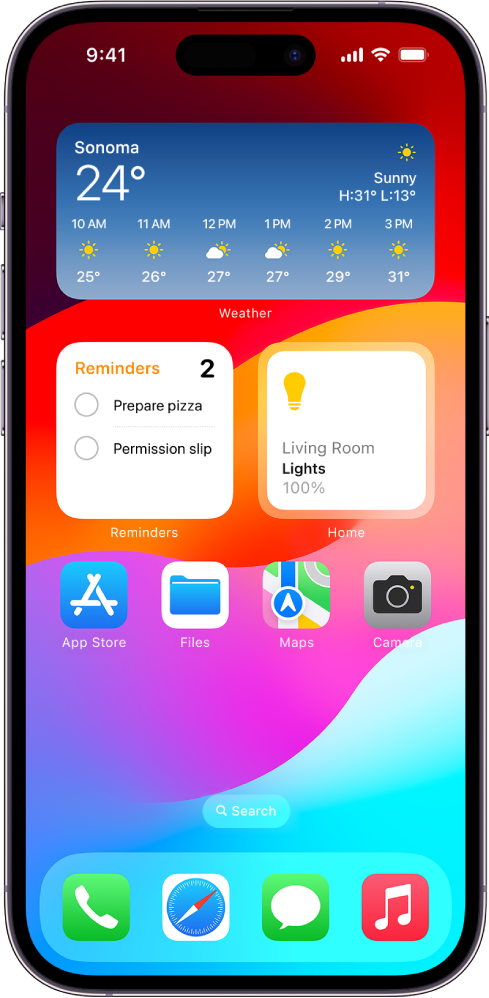 iPhone Home ဖန်သားပြင်ပေါ်ရှိ Weather၊ Reminders နှင့် Home အလွယ်သုံးပုံစံများ။ Reminders နှင့် Home အလွယ်သုံးပုံစံများသည် အပြန်အလှန်တုံ့ပြန်မှု လုပ်ဆောင်ချက်များကို ပြသည်။