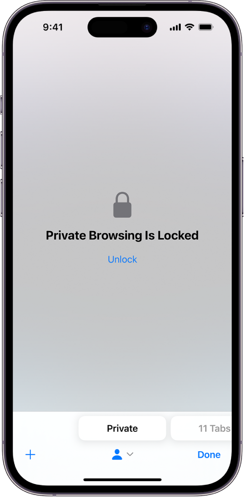 Safari သည် Private Browsing ကို ဖွင့်ထားသည်။ ဖန်သားပြင် အလယ်တွင် Private Browsing Is Locked ဟူသော စကားလုံးများရှိသည်။ ၎င်းအောက်တွင် Unlock ခလုတ်ရှိသည်။