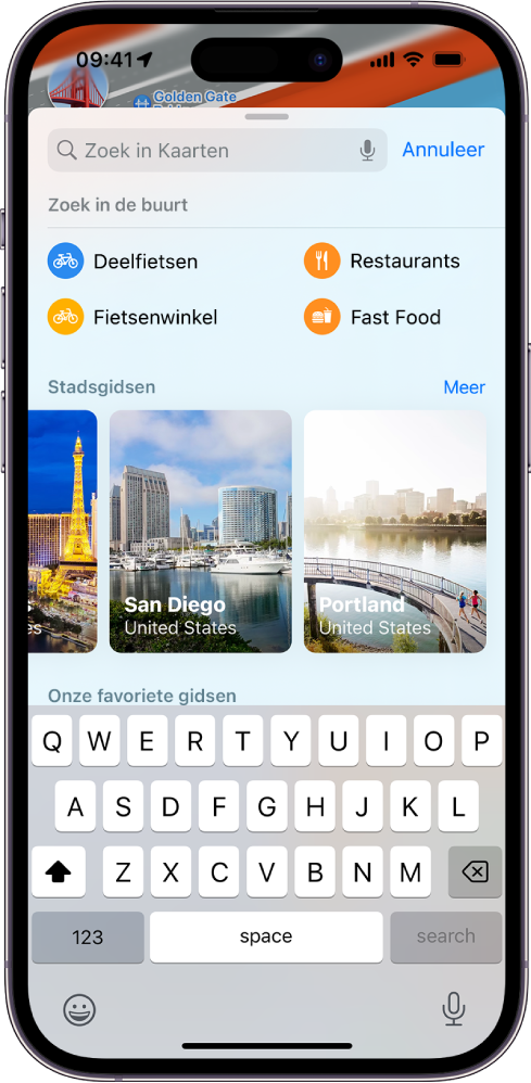 Een zoekkaart in de Kaarten-app. Onder het zoekveld staan categorieën voor zoeken in de buurt, waaronder deelfietsen en restaurants.