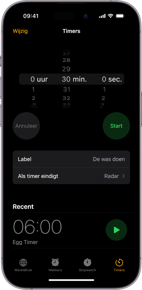 Een scherm voor het toevoegen van een timer, met instellingen om een timer in te stellen en een knop om een onlangs aangemaakte timer te starten.