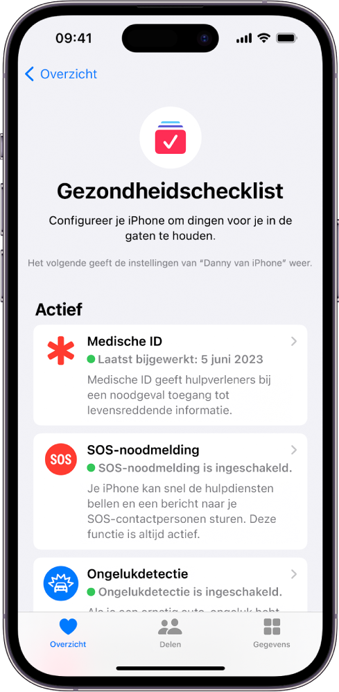 Het scherm 'Gezondheidschecklist', waarin 'Medische ID', 'SOS-noodmelding' en meldingen voor 'Ongelukdetectie' actief zijn.