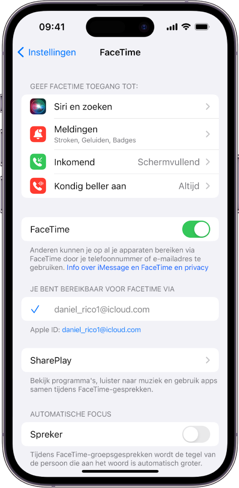 Het scherm met FaceTime-instellingen, met de schakelaar om FaceTime in of uit te schakelen en het veld waarin je je Apple ID voor FaceTime invoert.