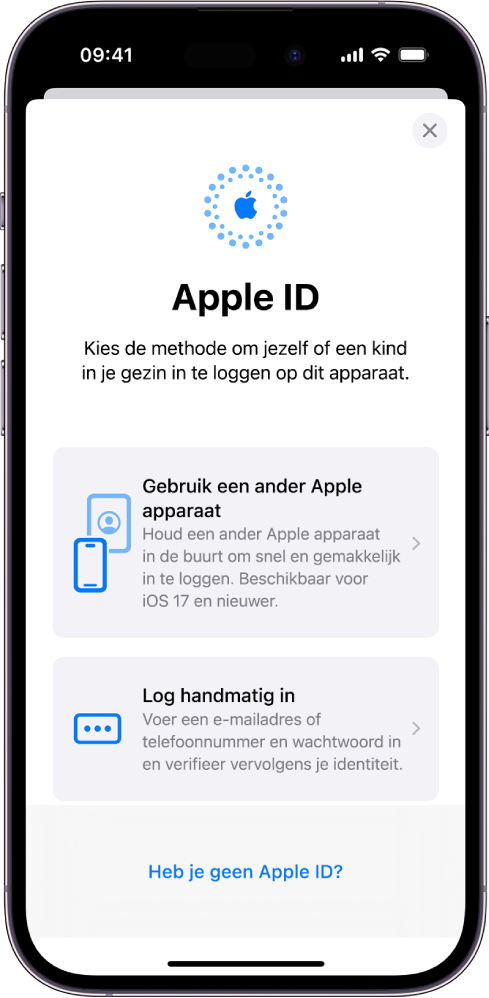 Het inlogscherm voor Apple ID, met opties om op een ander Apple apparaat in te loggen, handmatig in te loggen of in te loggen als je geen Apple ID hebt.