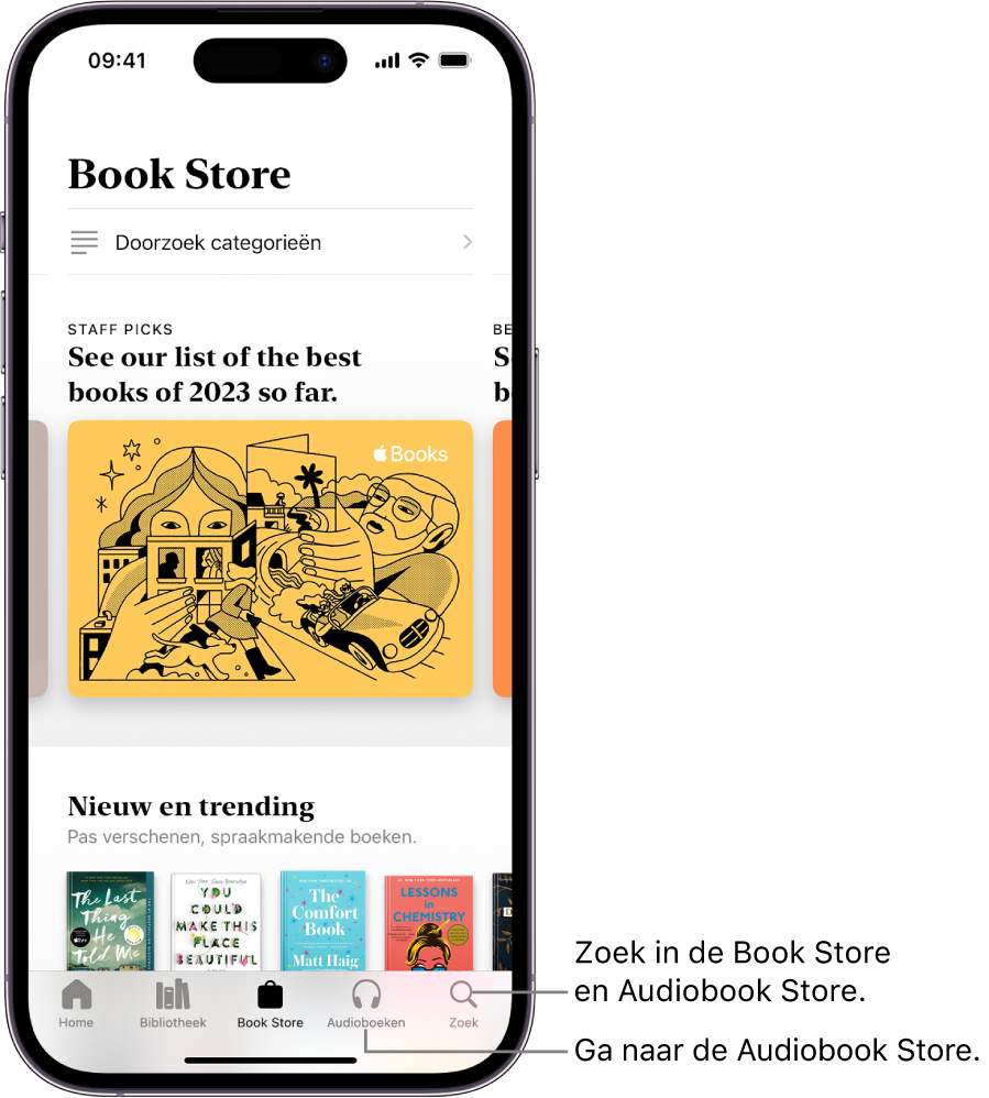 Het scherm 'Book Store' in de Boeken-app. Onder in het scherm staan van links naar rechts de tabs 'Home', 'Bibliotheek', 'Book Store', 'Audioboeken' en 'Zoek'. De tab 'Book Store' is geselecteerd.