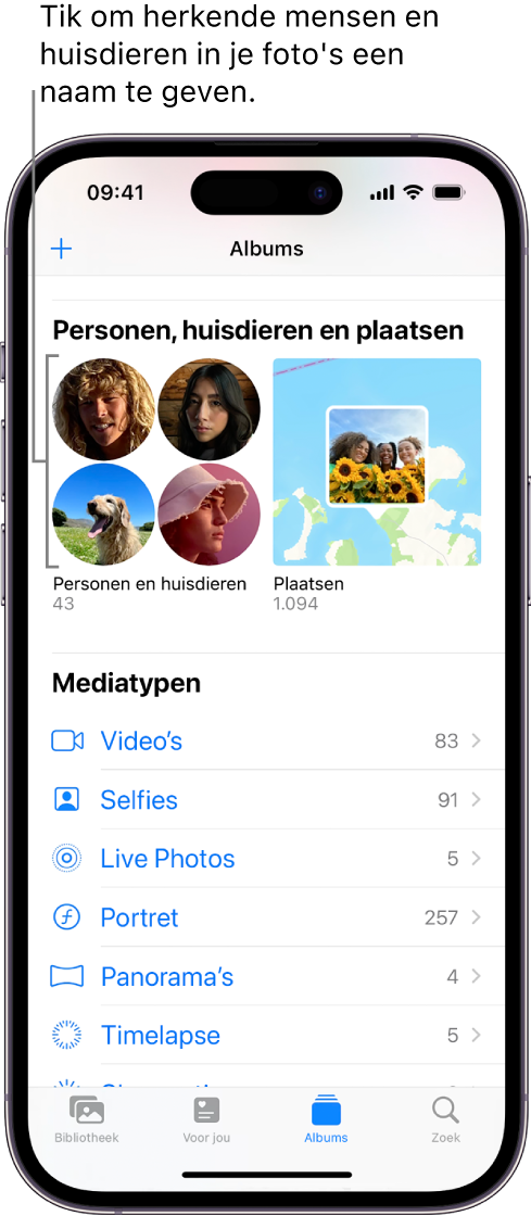 Het scherm 'Albums' in de Foto's-app. Boven in het scherm staat 'Personen en huisdieren'.