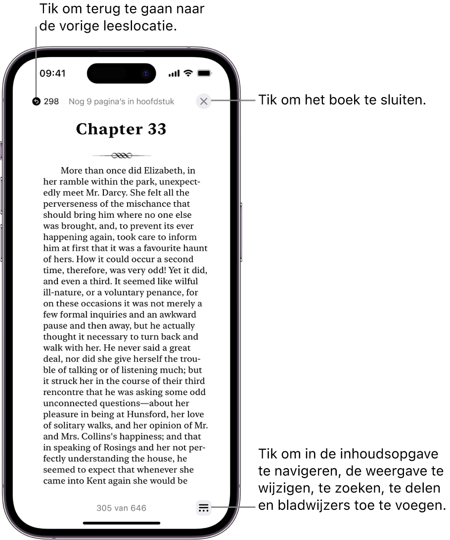 Een pagina van een boek in de Boeken-app. Boven in het scherm staan de knoppen waarmee je teruggaat naar de pagina waar je bent begonnen met lezen en waarmee je het boek sluit. Onder in het scherm is de menuknop te zien.