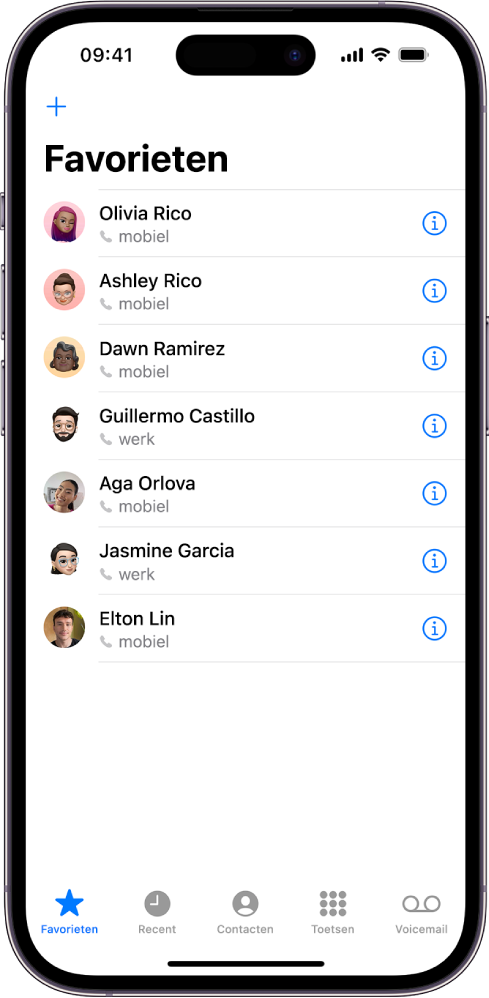 Het scherm 'Favorieten' in de Contacten-app, waarbij zes contactpersonen als favoriet zijn aangemerkt.