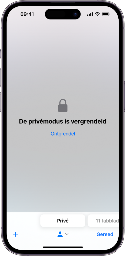 Safari is open in de privémodus. Midden in het scherm staat de tekst "De privémodus is vergrendeld". Daaronder staat de knop 'Ontgrendel'.