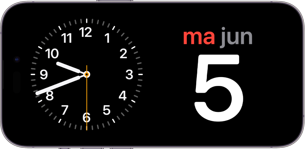 iPhone in horizontale positie. Links op het scherm wordt een klok weergegeven en rechts staat de datum.