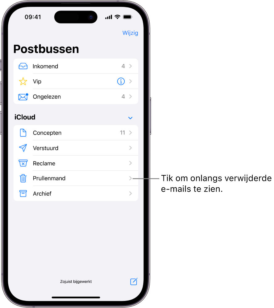 Het scherm 'Postbussen'. Onder 'iCloud' wordt een lijst met postbussen weergegeven, waaronder de postbus 'Prullenmand'. Tik erop om onlangs verwijderde e‑mails te zien.