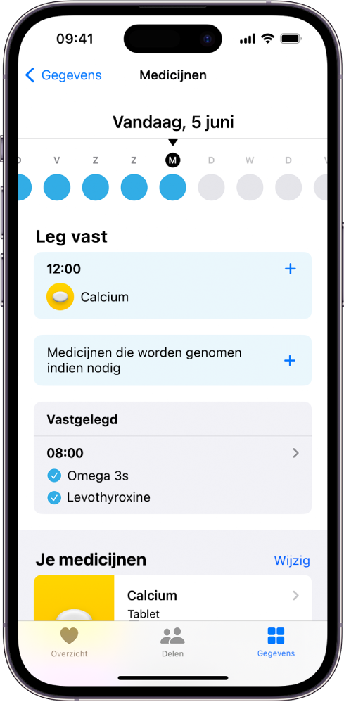 Het scherm 'Medicijnen' in Gezondheid, met de datum en een logbestand voor medicijnen.