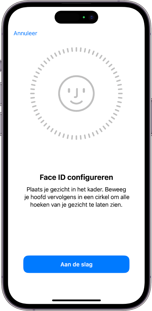 Het configuratiescherm voor Face ID-herkenning. Op het scherm is een gezicht in een cirkel te zien. Onder het gezicht wordt met tekst aangegeven dat gebruikers hun hoofd langzaam moeten bewegen om de cirkel rond te maken.