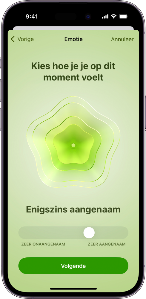 Een scherm in de Gezondheid-app waarin de huidige stemming als 'Enigszins aangenaam' wordt aangeduid. Onder in het scherm is een schuifknop om de sterkte van de emotie aan te passen.