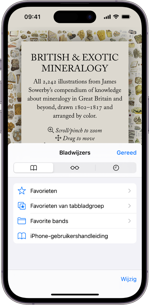 Het scherm 'Bladwijzers', met opties voor het weergeven van je bladwijzers, de leeslijst en je browsergeschiedenis.