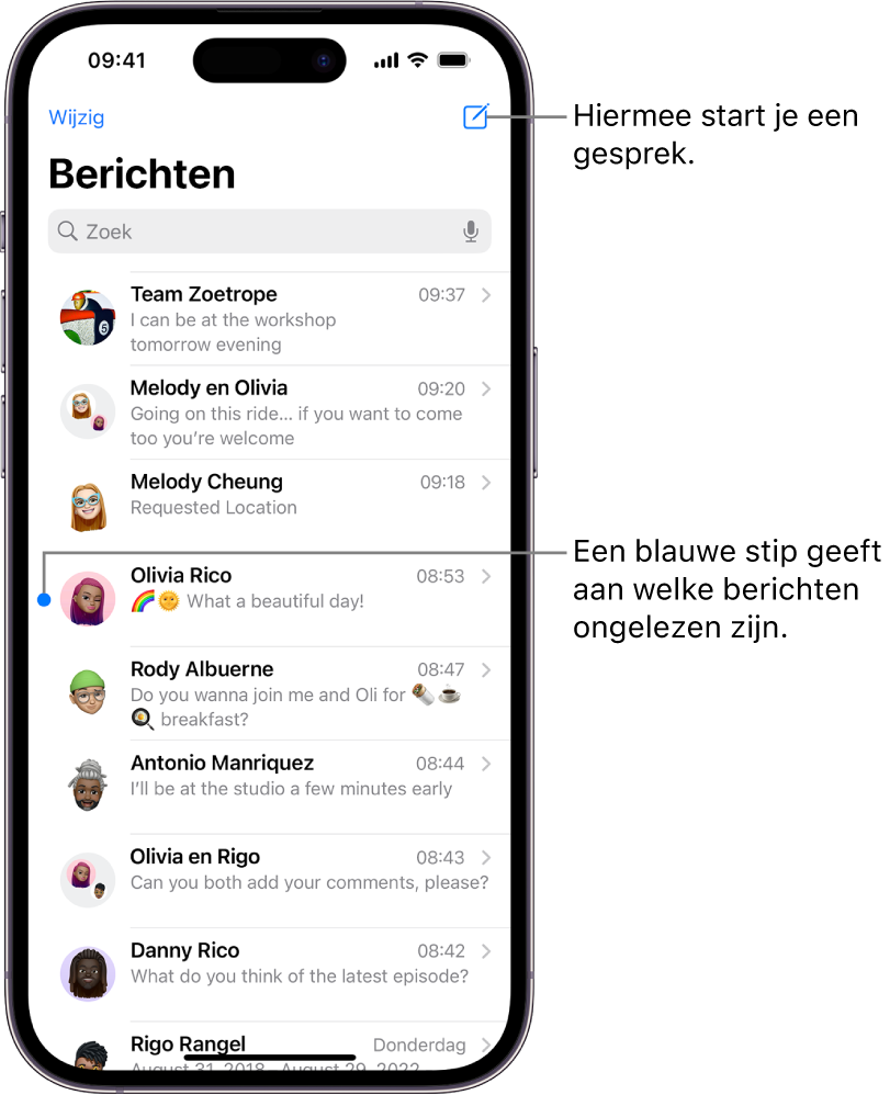De gesprekkenlijst in Berichten, met rechtsbovenin de knop voor het opstellen van een nieuw bericht. Een blauwe stip links naast een bericht geeft aan dat het ongelezen is.