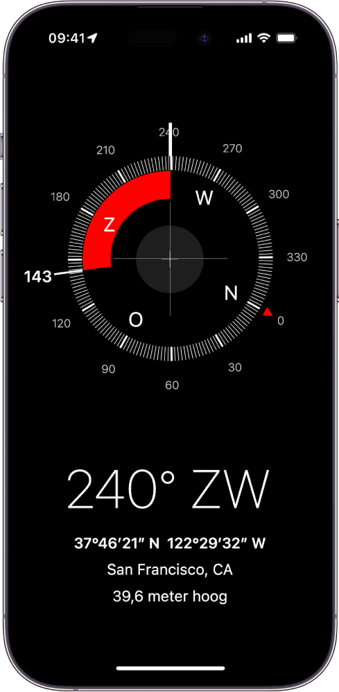 Het Kompas-scherm met de richting waarin de iPhone wijst, de huidige locatie en de hoogte.