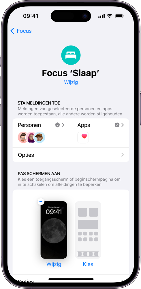 Het scherm 'Slaapfocus', met drie mensen en één app die je meldingen mogen sturen.