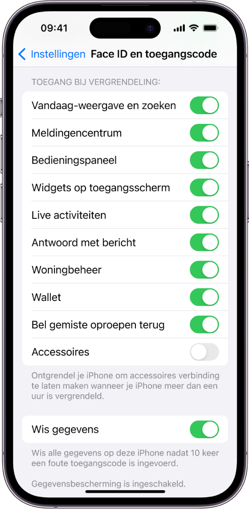 Het scherm van 'Face ID en toegangscode', met instellingen voor toegang tot specifieke functies wanneer de iPhone is vergrendeld.