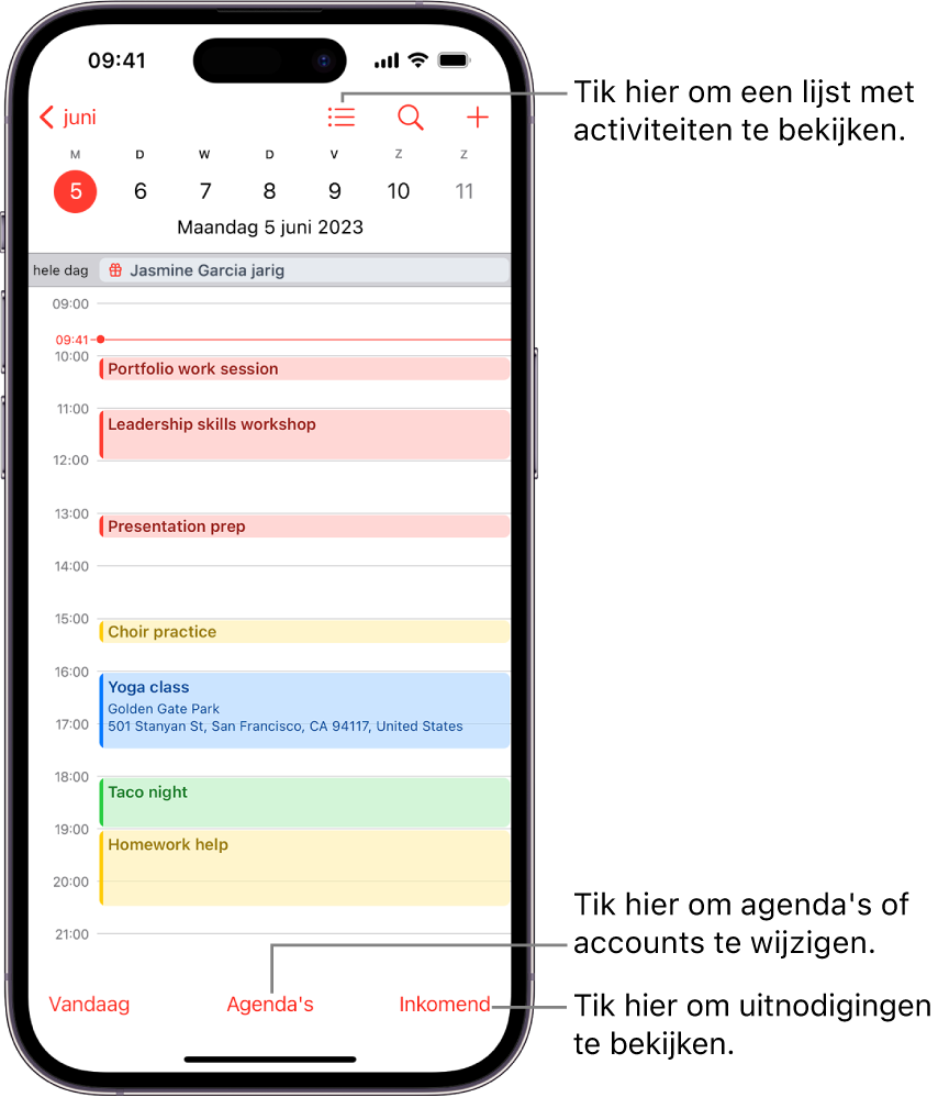 Een agenda in de dagweergave met de activiteiten van een dag. Middenonder in het scherm staat de knop 'Agenda's' en rechtsonderin staat de knop 'Inkomend'.
