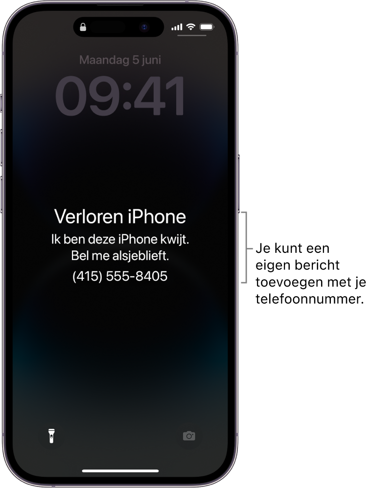Het toegangsscherm van een iPhone met een bericht over een kwijtgeraakte iPhone. Je kunt een eigen bericht toevoegen met je telefoonnummer.