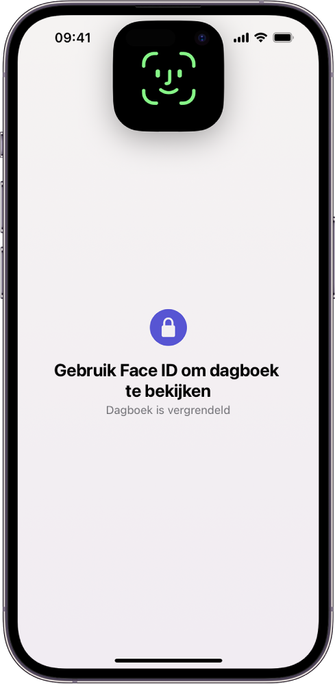 Een scherm waarin je wordt gevraagd je dagboek te ontgrendelen met Face ID.
