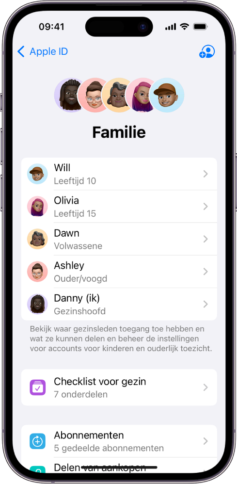 Het scherm 'Delen met gezin' in Instellingen. Er staan vijf gezinsleden in de lijst. Onder hun namen staat de lijst 'Checklist voor gezin' en daaronder staan de opties voor abonnementen en het delen van aankopen.
