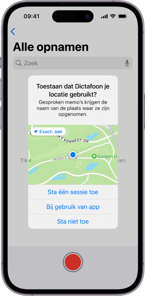 Een verzoek van een app om locatiegegevens op de iPhone te mogen gebruiken. De opties zijn 'Sta één sessie toe', 'Bij gebruik van app' en 'Sta niet toe'.