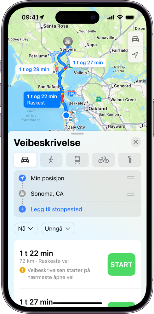 En iPhone med et kart som viser kjøreruter med distanse, estimert varighet og Start-knapper. Hver rute viser trafikkforholdene med fargekoding.