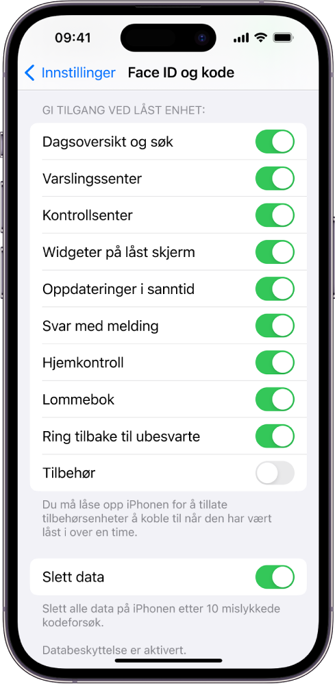 Face ID og kode-skjermen med innstillinger for å gi tilgang til bestemte funksjoner når iPhone er låst.