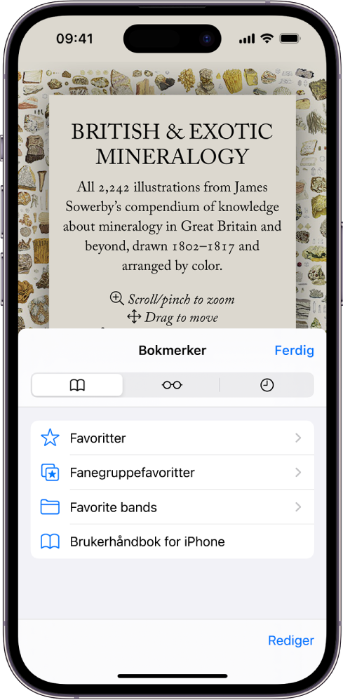 Bokmerker-skjermen, med valg om å se bokmerker, leseliste og nettleserlogg.
