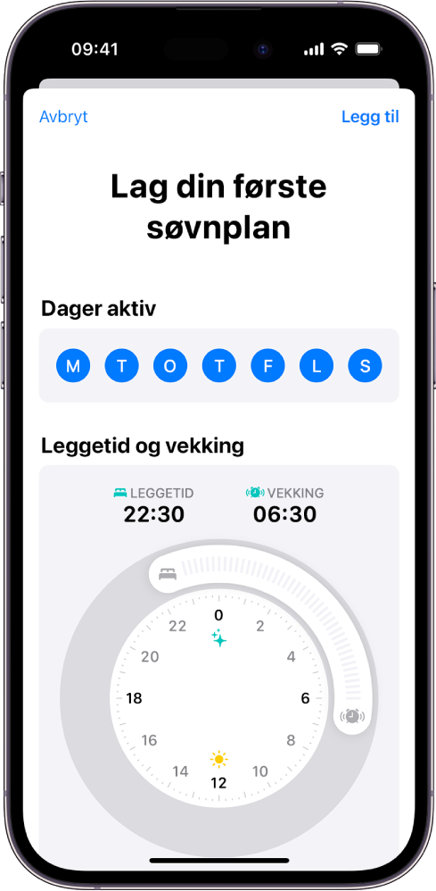 Skjermen Lag din første søvnplan i Helse-appen, med Dager aktiv-delen og klokker for leggetid og vekking.