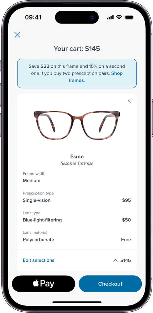 Handlekurven til en app som viser prisene på valgte objekter. Apple Pay-knappen er nederst til venstre.