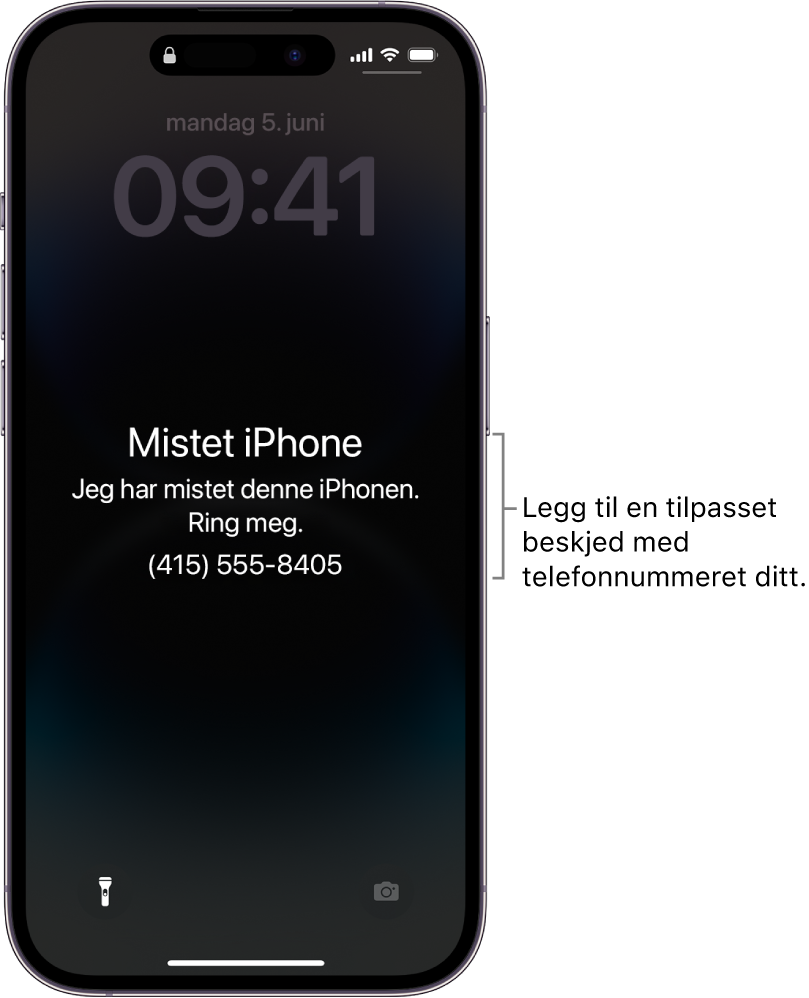 Låst skjerm på iPhone med en melding om mistet iPhone. Du kan legge til en tilpasset melding med telefonnummeret ditt.