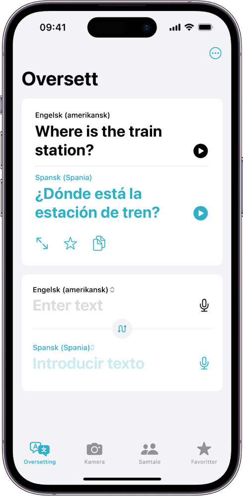 Oversett-fanen som viser et uttrykk oversatt fra engelsk til spansk. Under det oversatte uttrykket er feltet for å skrive inn tekst.