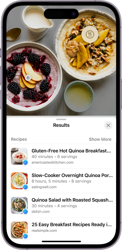 Den øverste delen av iPhone-skjermen viser et bilde av forskjellige typer mat. To av mattypene er identifisert av Visuelt søk, og ett objekt er markert. Den nederste delen av skjermen viser Safari-lenker til oppskrifter som ligner på maten som er identifisert av Visuelt søk.