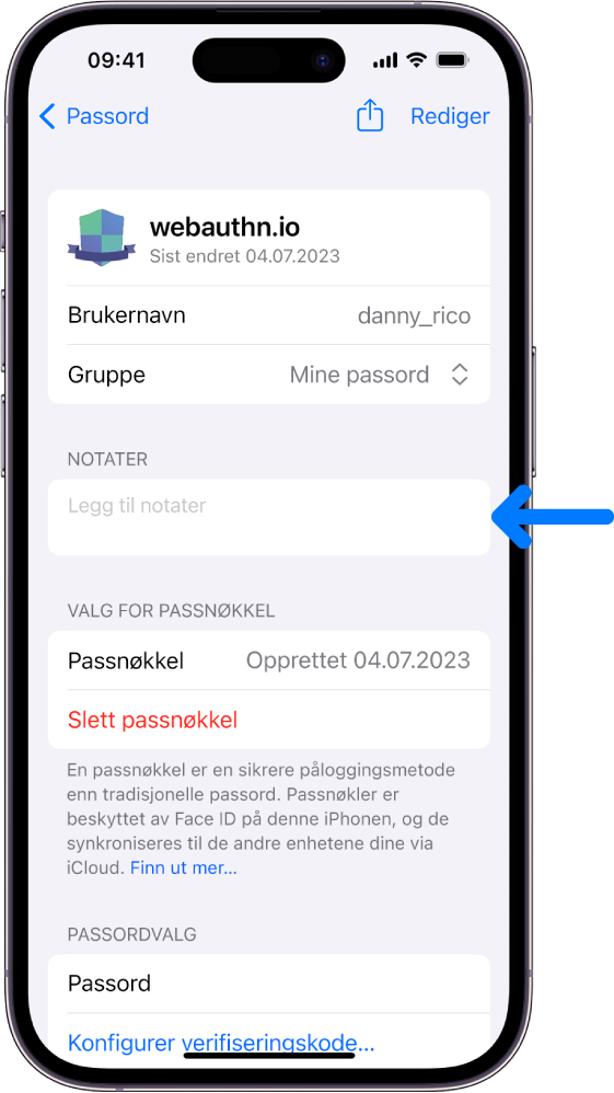 En passnøkkelskjerm i iCloud-nøkkelring med informasjon om passnøkkelen og et sted du kan legge til og vise notater.