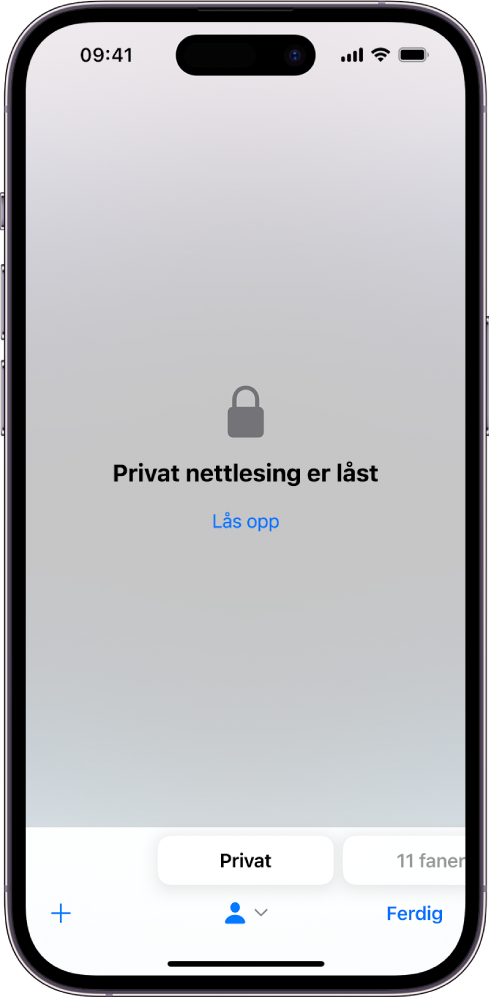 Safari er åpen til Privat nettlesing. På midten av skjermen står Privat nettlesing er låst. Under det er det en Lås opp-knapp.