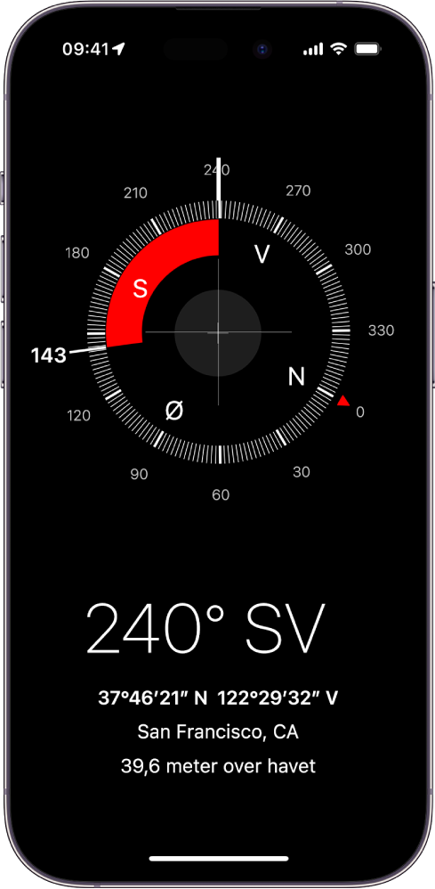 Kompass-skjermen som viser hvilken retning iPhonen peker mot, din nåværende posisjon og hvilken høyde over havet du befinner deg på.
