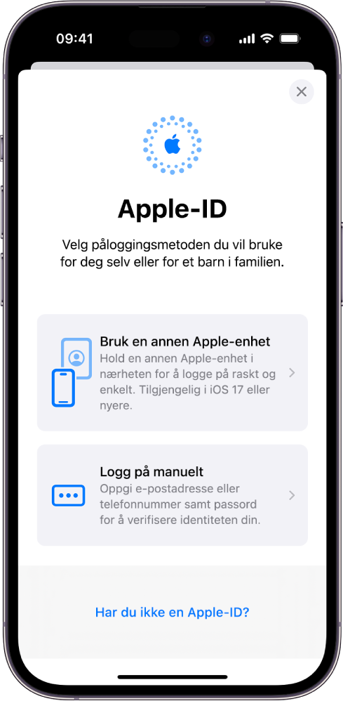 Påloggingsruten til Apple-ID sammen med alternativer for å logge på med en annen Apple-enhet, logge på manuelt eller at du ikke har en Apple-ID.