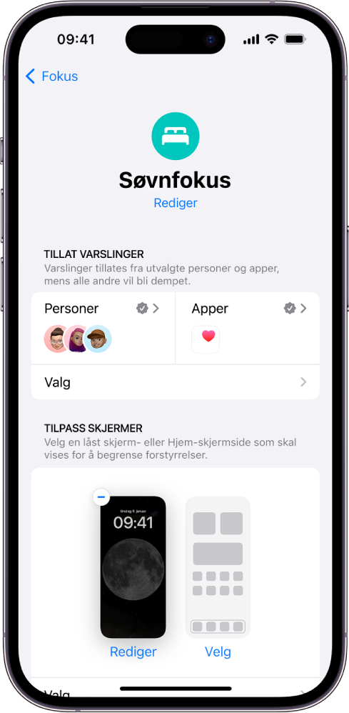 Søvnfokus-skjermen, som viser tre personer og én app som har lov til å sende varslinger.