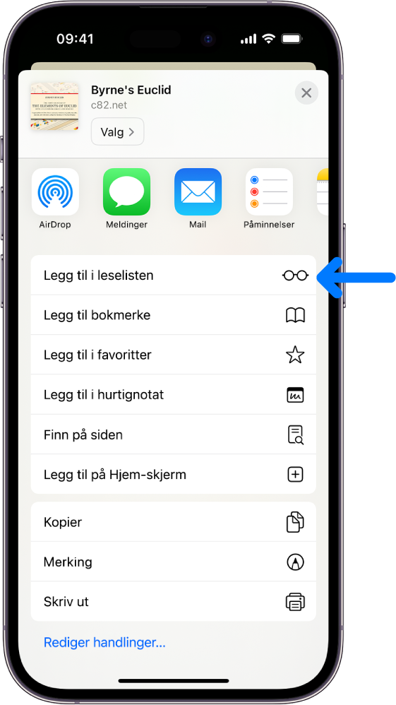 I Safari har brukeren trykket på Del-knappen på et nettsted, og det vises en liste med valg, inkludert Legg til i leseliste.