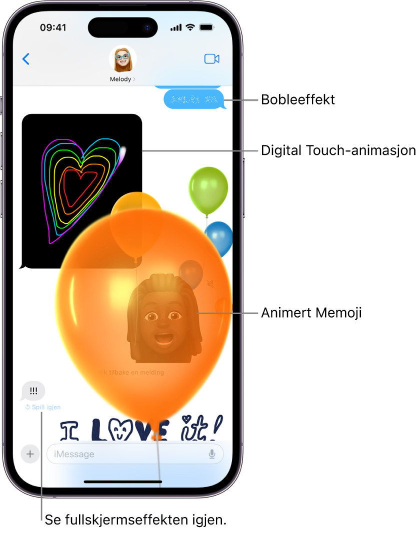 En Meldinger-samtale med boble- og fullskjermeffekter samt animasjoner: Digital Touch og en håndskrevet melding.