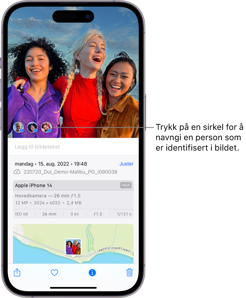 Øverste halvdel av iPhone-skjermen viser et bilde som er åpnet i Bilder-appen. Nede i venstre hjørnet på bildet vises spørsmålstegn ved siden av personene som er avbildet.