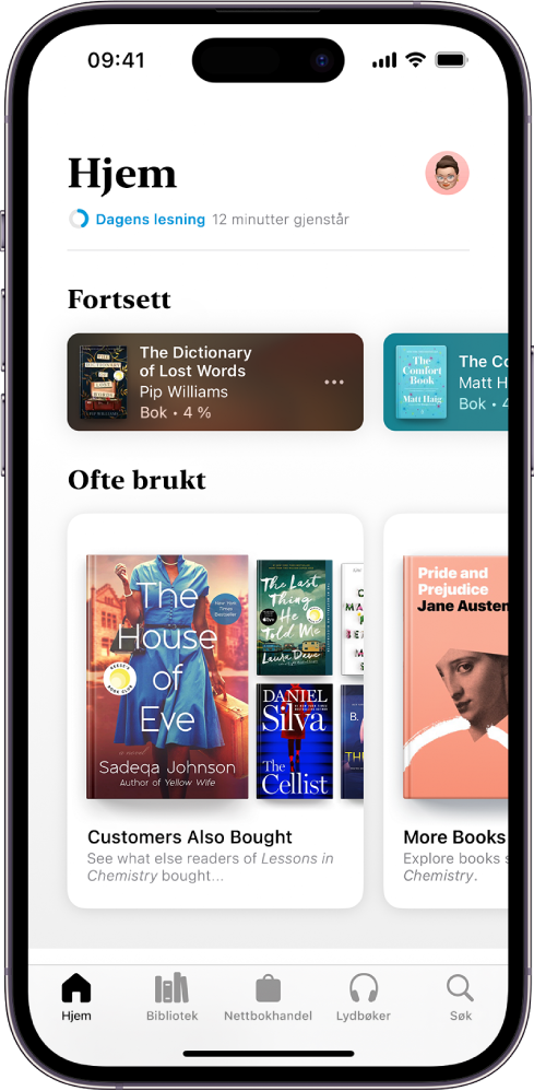 Hjem-skjermen i Bøker-appen. Nederst på skjermen, fra venstre mot høyre vises fanene Hjem, Bibliotek, Nettbokhandel, Lydbøker og Søk. Hjem-fanen er markert.