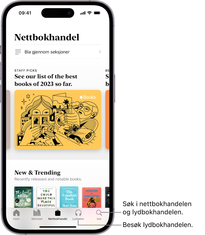 Nettbokhandel-skjermen i Bøker-appen. Nederst på skjermen, fra venstre mot høyre vises fanene Hjem, Bibliotek, Nettbokhandel, Lydbøker og Søk. Nettbokhandel-fanen er markert.