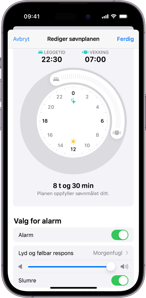 Skjermen for Rediger søvnplanen i Helse-appen, med klokke for leggetid og vekking øverst på skjermen og valg for alarm nederst på skjermen.