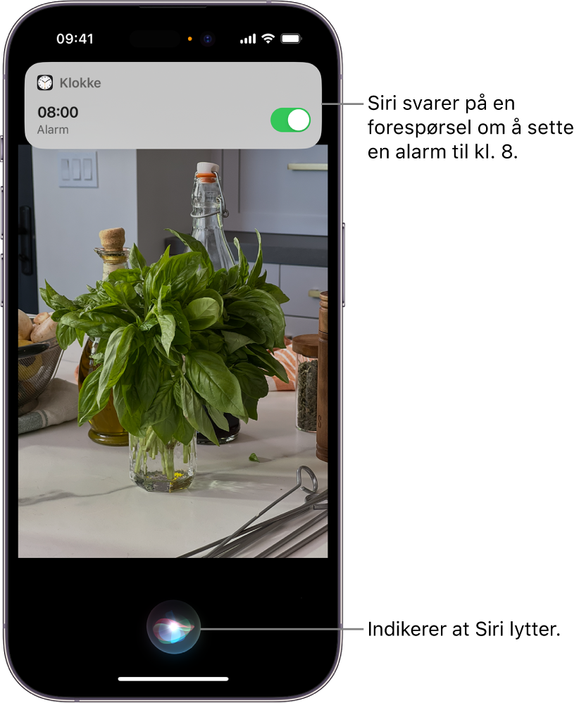 En iPhone-skjerm. Nær toppen av skjermen viser en varsling fra Klokke-appen at en alarm er satt på til klokken 08.00. Et symbol nederst på skjermen viser at Siri er aktiv.