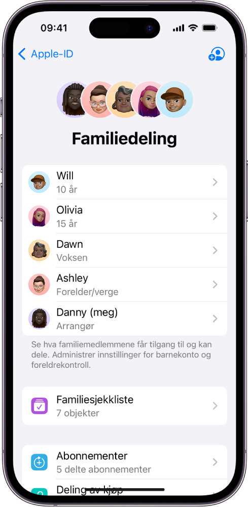 Familiedeling-skjermen i Innstillinger. Fem familiemedlemmer er oppført. Under navnene deres vises det en familiesjekkliste og under der igjen vises alternativer for abonnementer og kjøpsdeling.