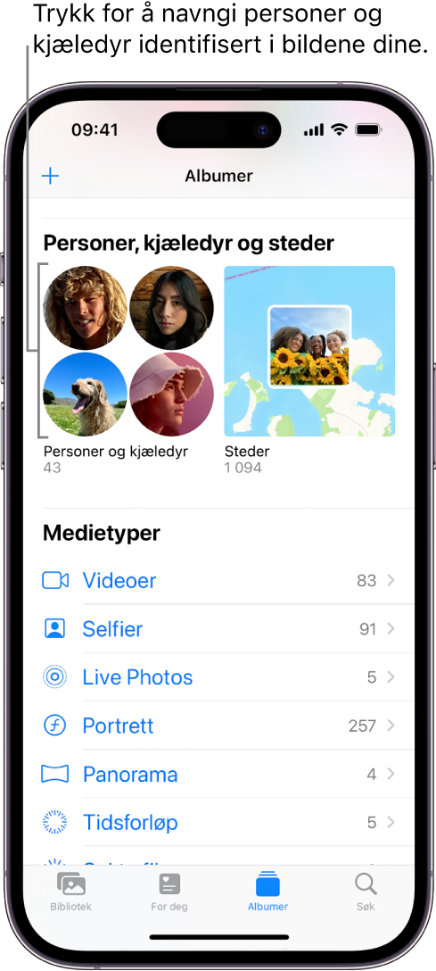 Albumer-skjermen i Bilder-appen. Personer og kjæledyr vises øverst på skjermen.