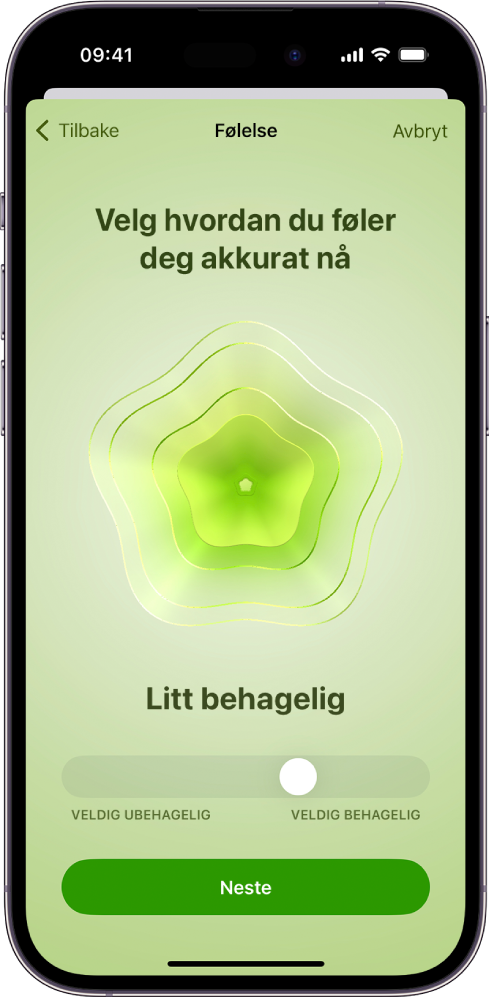 En skjerm i Helse-appen, der gjeldende stemningsleie er Litt behagelig. Nederst på skjermen vises en skyveknapp som kan brukes til å justere nivået for en følelse.